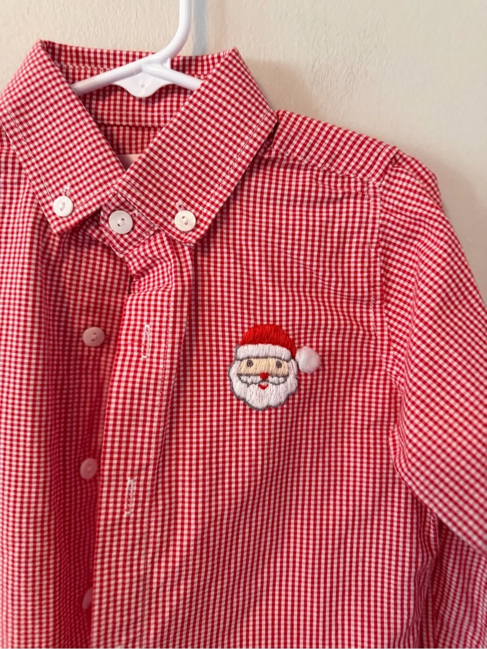 Cecil and Lou Red Gingham Button-Down Shirt with Santa Embroidery